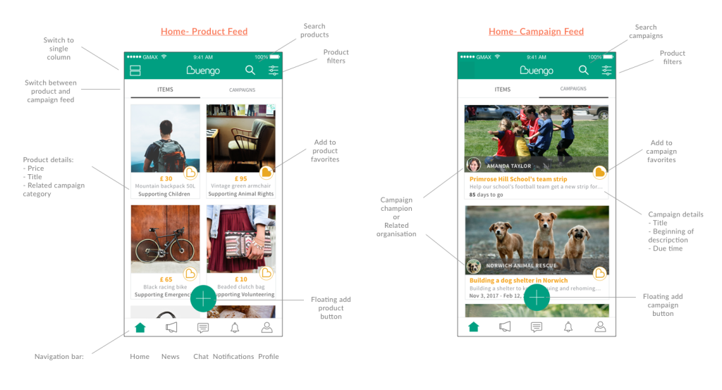main feed and home screen design for buengo